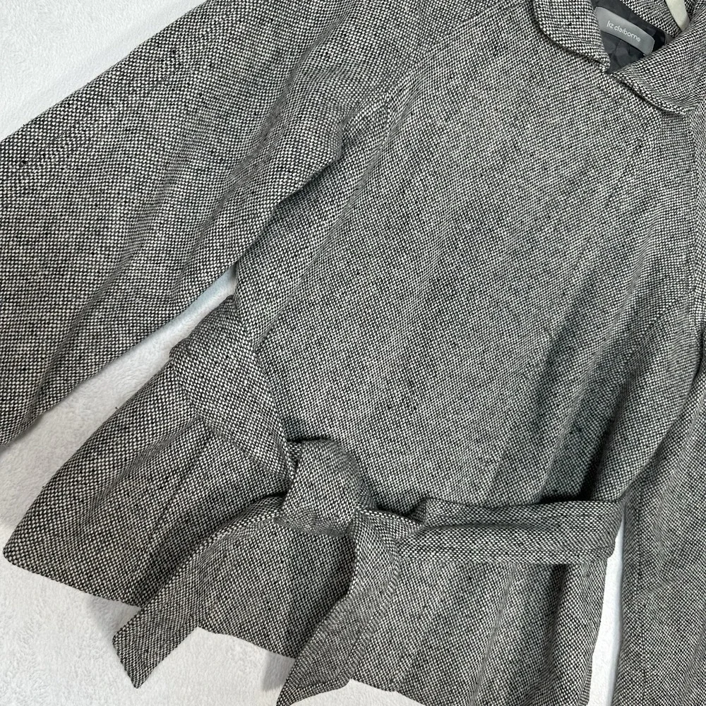 Liz Claiborne Tweed Jacket Wool Blend Belted Gray Large Heritage Academia‎